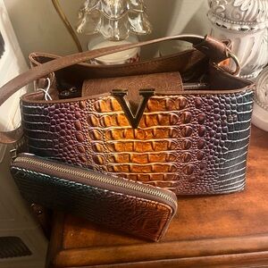 Brown/Tan Croc Embossed Satchel w/ Gold “V” + Matching Wallet